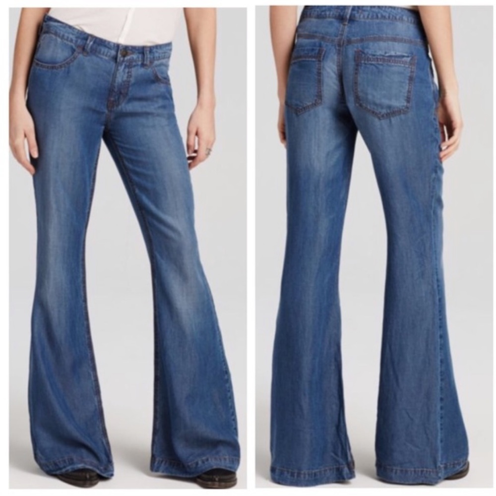 Free People Women's Blue Distressed Flare Jeans